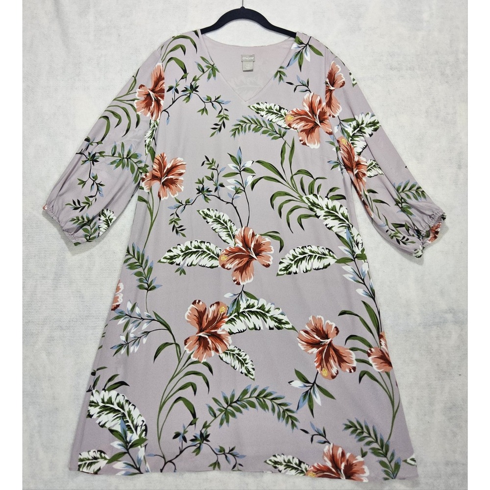 Chicos Dress US 14 / 2.5 Hawaiian Midi Shift Floral Spring Lavender Green Easter
